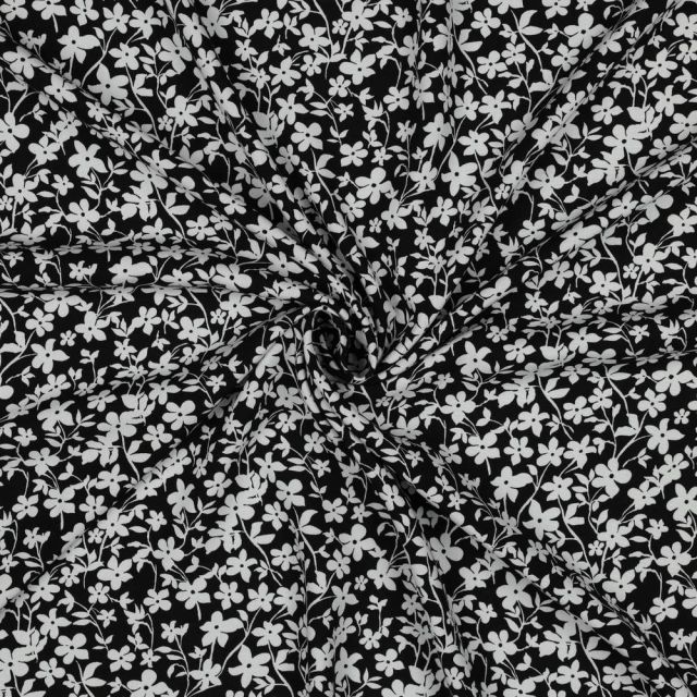 Tissu Viscose imprimé Petites fleurs Blanche sur fond Noir