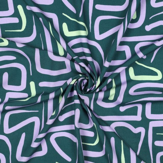 Tissu Viscose imprimé motifs abstraits Lila et Vert d'eau sur fond Vert canard