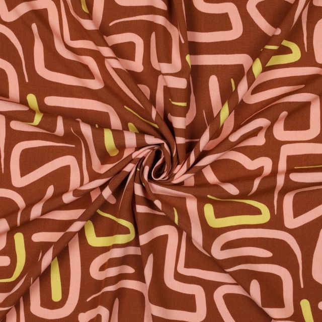 Tissu Viscose imprimé motifs abstraits Saumon et Jaune sur fond Terracotta
