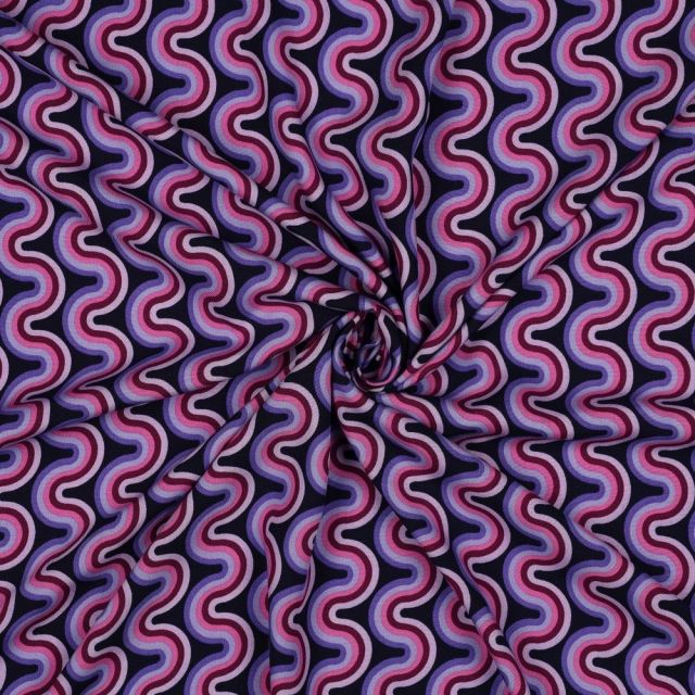 Tissu Viscose imprimé vaguelettes rétro tons Violet sur fond Noir