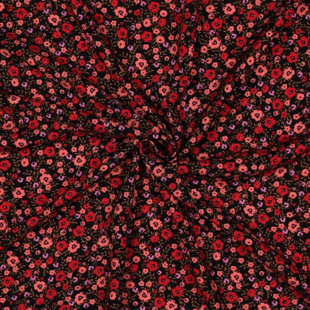 Tissu Viscose imprimé Petites fleurs Corail et Rouge sur fond Noir