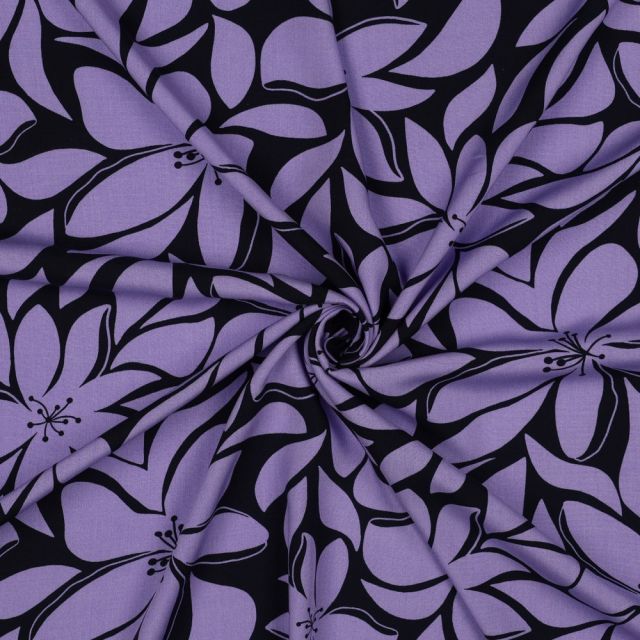 Tissu Viscose imprimé Grandes fleurs Lila sur fond Noir