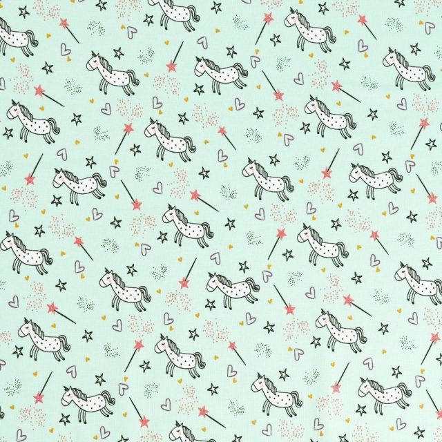 Tissu Jersey Coton Licornes et baguettes magiques Blanches et roses sur fond Vert Menthe - Par 10 cm