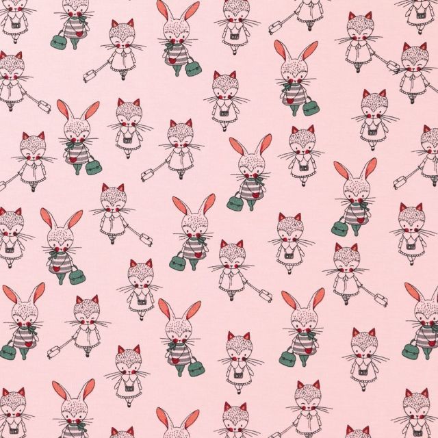Tissu Jersey Coton Lapines et renardes Vertes et roses sur fond Rose - Par 10 cm