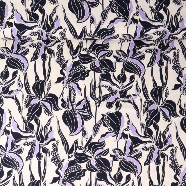 Tissu Viscose Twill extensible Rosella fleurs Noires sur fond Ecru