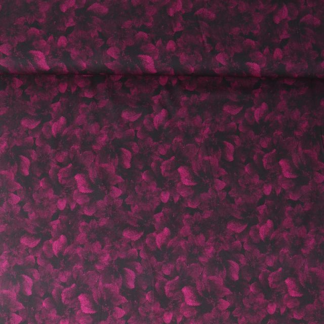 Tissu Viscose Twill extensible Louna fleurs Framboise foncé sur fond Noir
