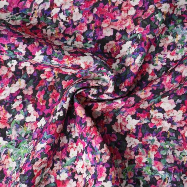Tissu Viscose Lurex Iséa fleurs Roses sur fond Violet