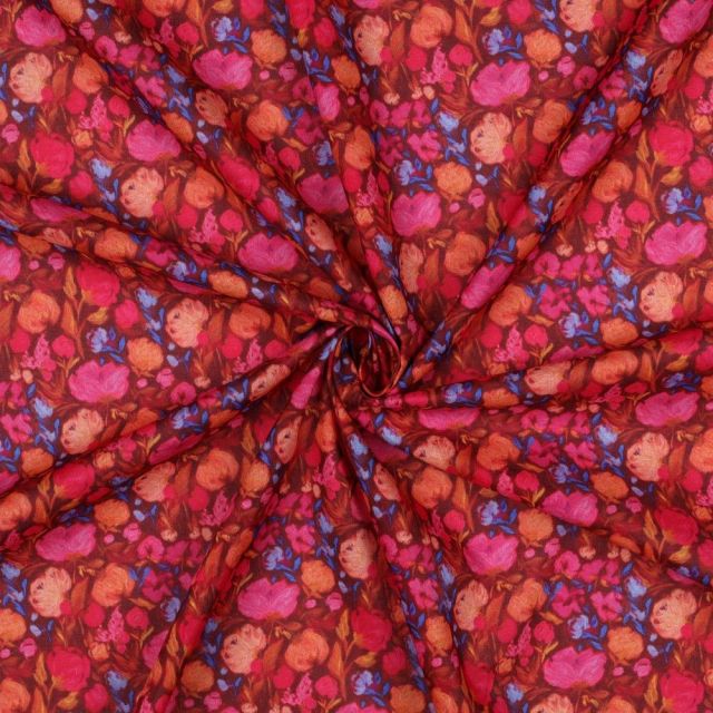 Tissu Voile de Coton digital bouquets fleurs sur fond Bordeaux