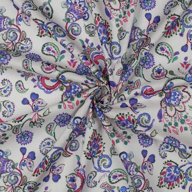 Tissu Voile de Coton digital fleurs Multicolores sur fond Blanc cassé