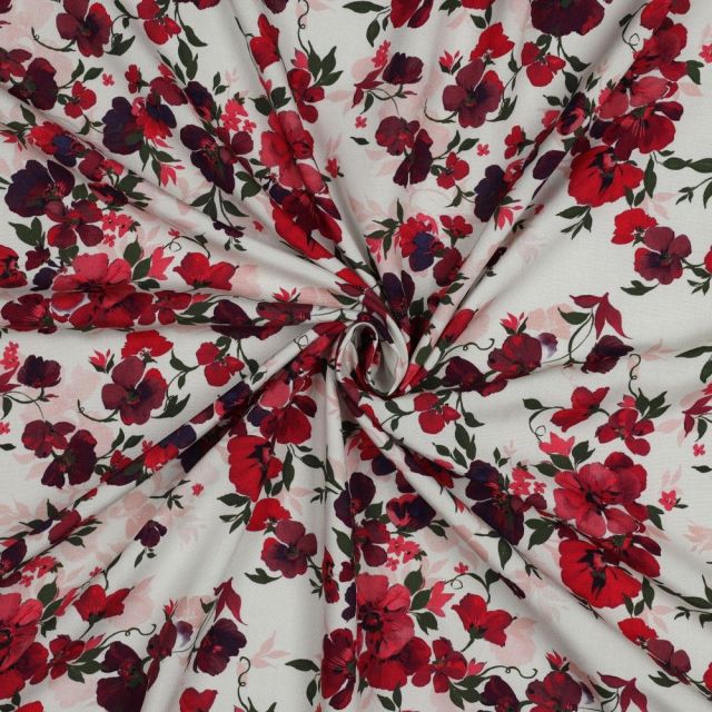 Tissu Viscose EcoVero digital fleurs Rouge sur fond Ecru