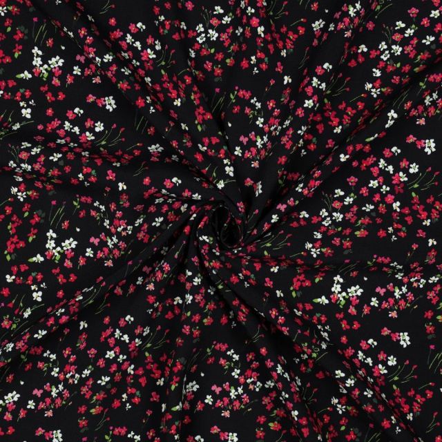Tissu Viscose EcoVero digital petites fleurs Rouge et Blanche sur fond Noir