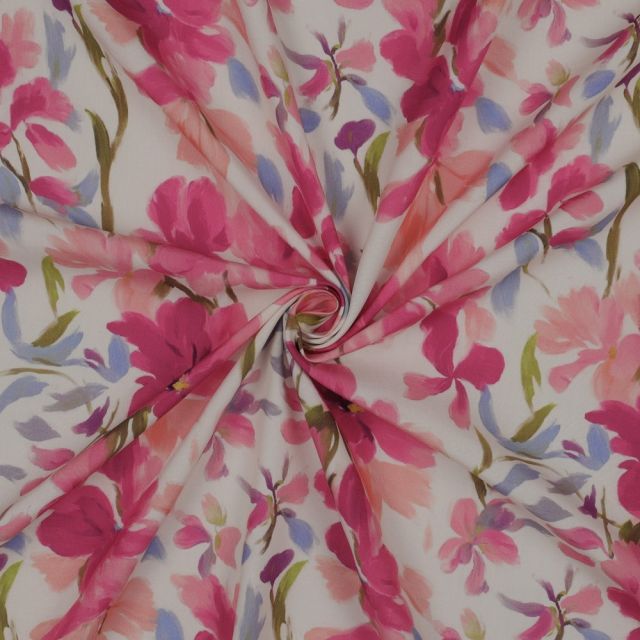 Tissu Viscose EcoVero digital fleurs pastel Rose ancien et Lila sur fond Ecru