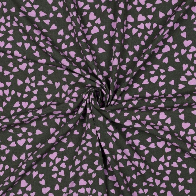 Tissu Viscose EcoVero petits coeurs Lila sur fond Noir