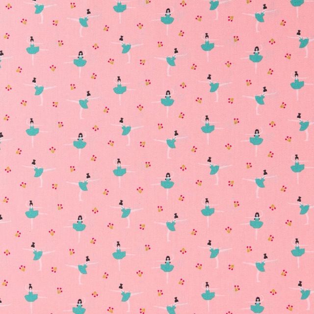 Tissu Popeline Imprimée LittleBird Danseuses Vertes sur fond Rose - Par 10 cm