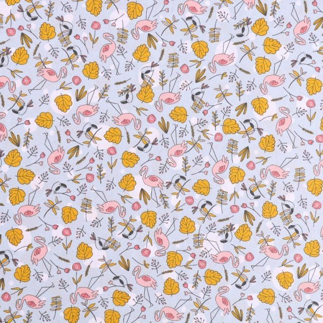 Tissu Popeline Imprimé LittleBird Flamants roses et fleurs moutarde et roses sur fond Bleu ciel - Par 10 cm