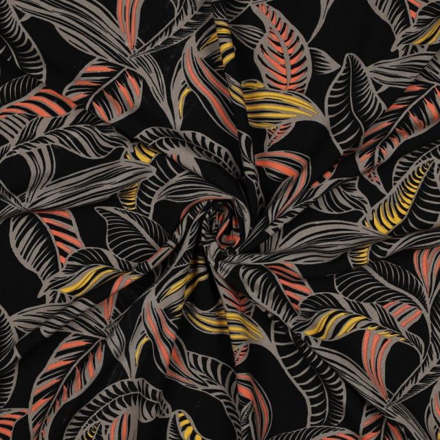 Tissu Viscose EcoVero feuilles Tropicales sur fond Noir profond