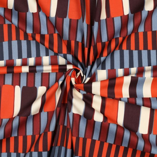 Tissu Coton Viscose rayures Orange, Noir et Beige sur fond Bleu gris