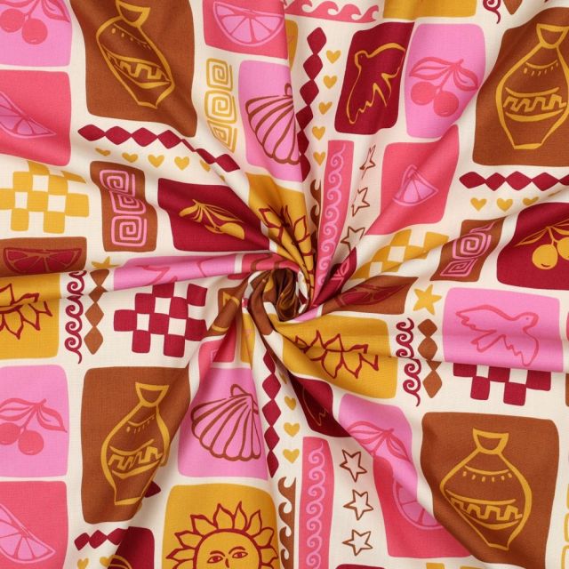 Tissu Popeline de Coton patchwork d'été sur fond Ecru