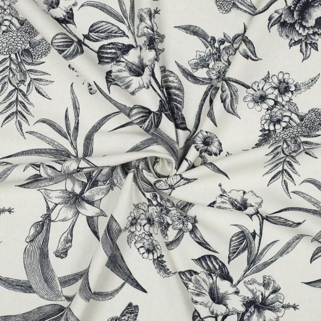 Tissu Viscose Lin grand Herbier Bleu marine sur fond Ecru