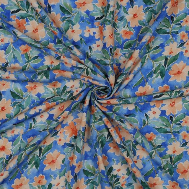 Tissu Viscose imprimé digital petites fleurs Orange sur fond Bleu azur