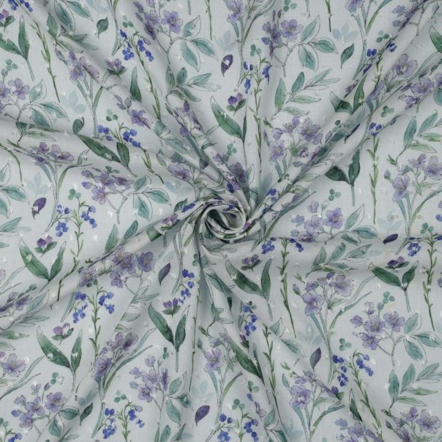 Tissu Voile de Viscose Plumetis digital Fleurs de printemps sur fond Blanc