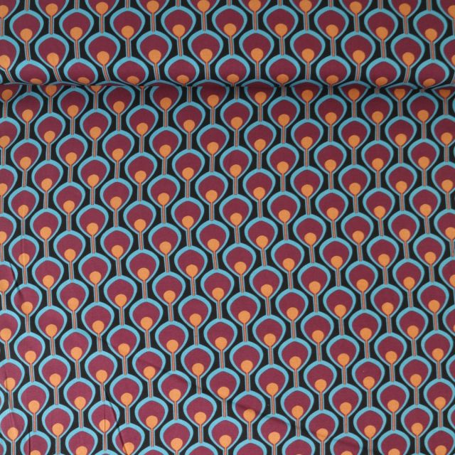 Tissu Viscose extensible Cléa œil de paon Bordeaux sur fond Noir profond