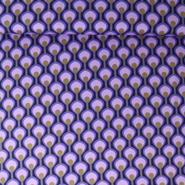 Tissu Viscose extensible Cléa œil de paon Mauve sur fond Bleu marine