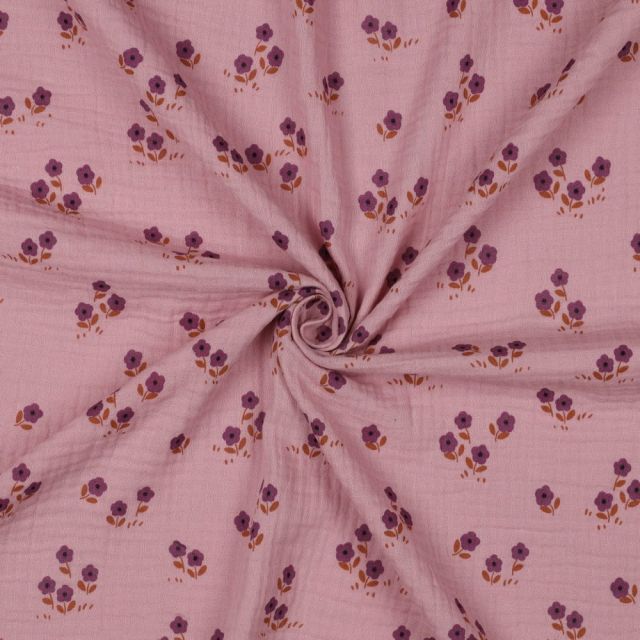 Tissu Double gaze de Coton petites fleurs sur fond Vieux rose