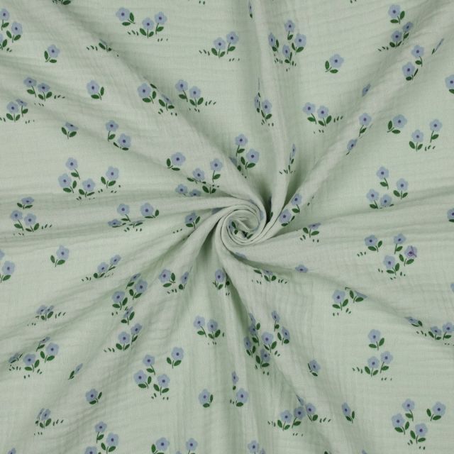 Tissu Double gaze de Coton petites fleurs sur fond Vert amande