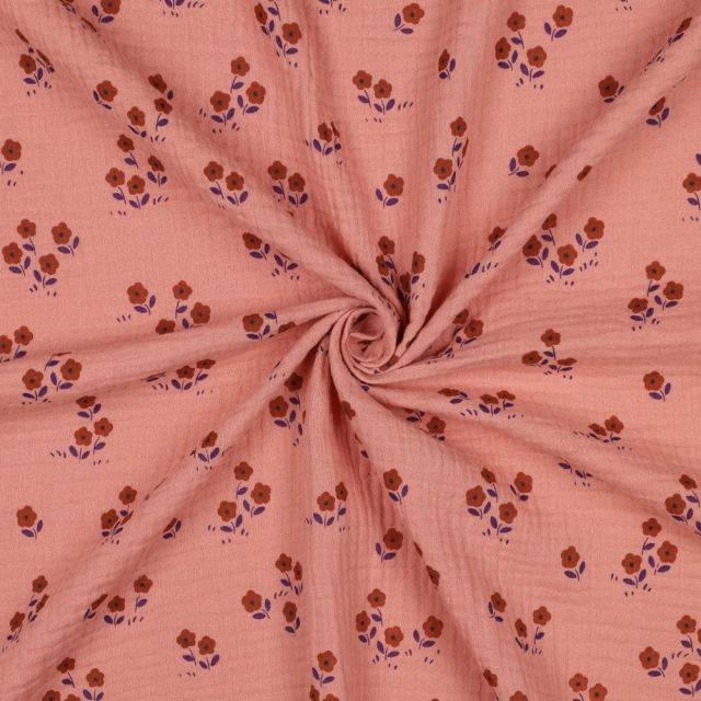 Tissu Double gaze de Coton petites fleurs sur fond Pêche