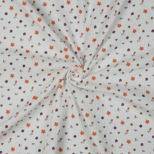 Tissu Double gaze de Coton digital petites fleurs Oranges sur fond Ecru
