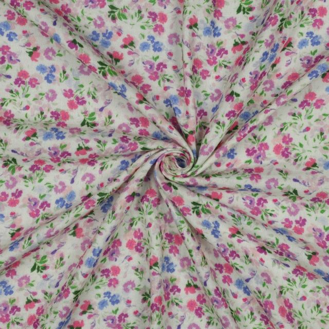 Tissu Double gaze de Coton digital petites fleurs Rose, Lilas & Bleu sur fond Ecru
