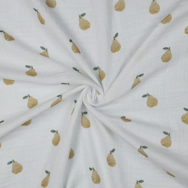 Tissu Double gaze de Coton digital petites Poires sur fond Blanc