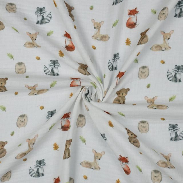 Tissu Double gaze de Coton digital Animaux de la forêt sur fond Blanc