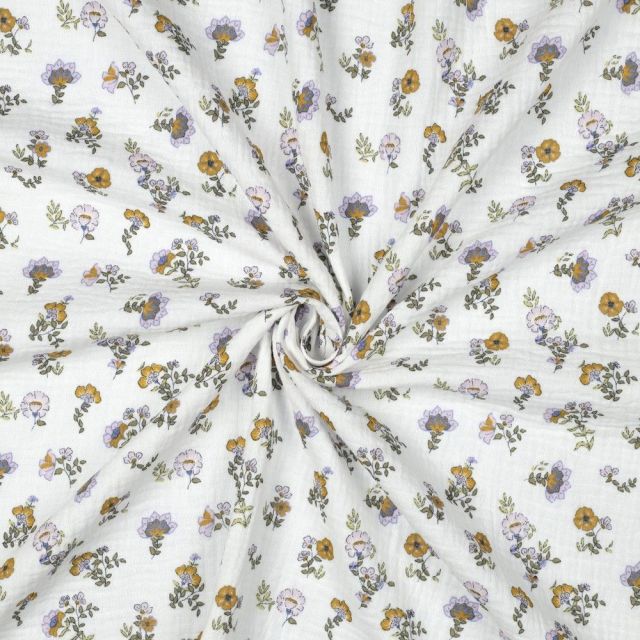 Tissu Double gaze de Coton Bio digital petites fleurs Lilas sur fond Blanc