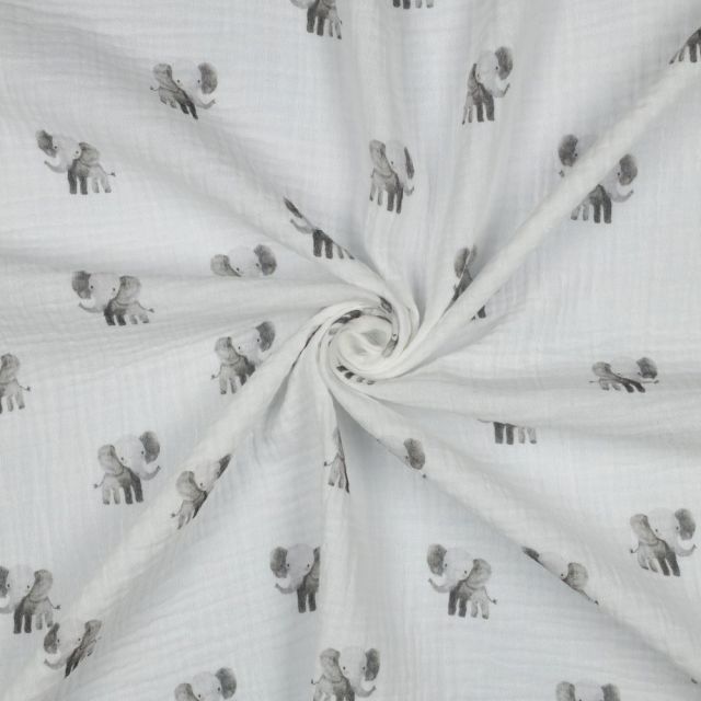 Tissu Double gaze de Coton Bio digital petits Eléphants Gris sur fond Blanc