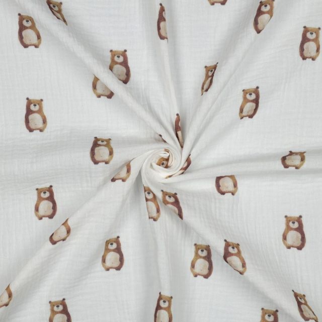 Tissu Double gaze de Coton Bio digital petits Oursons Bruns sur fond Blanc - Par 10 cm