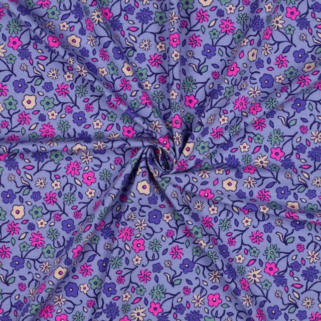 Tissu Jersey Coton imprimé Petites fleurs multicolores sur fond Lilas