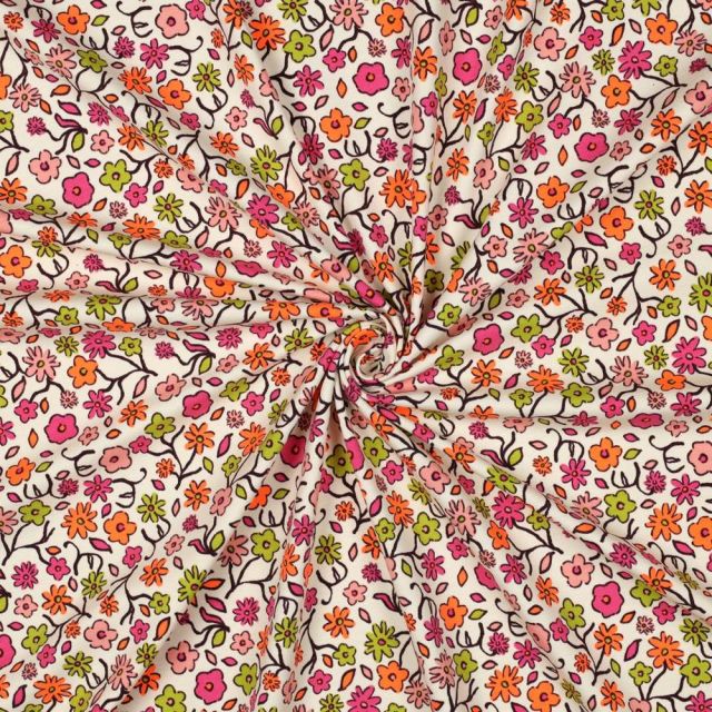 Tissu Jersey Coton imprimé Petites fleurs multicolores sur fond Ecru