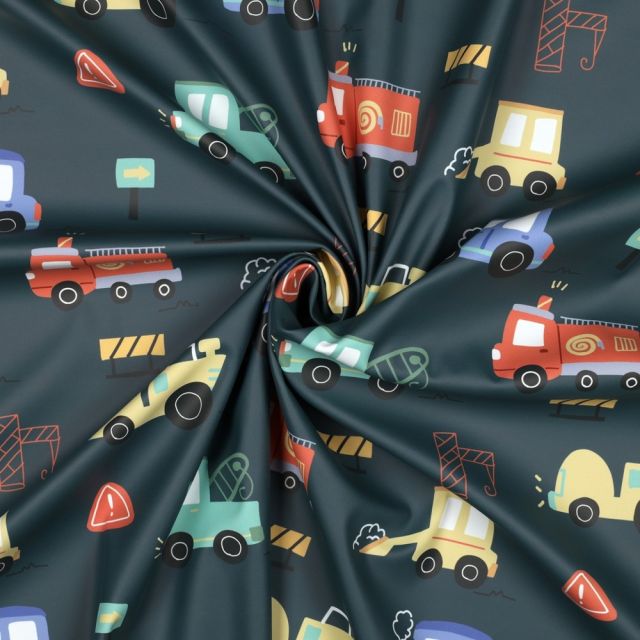 Tissu Softshell imprimé véhicules pompier et chantier sur fond Gris anthracite