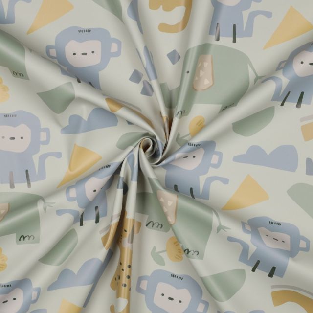 Tissu Softshell imprimé Animaux de la jungle sur fond Vert d'eau