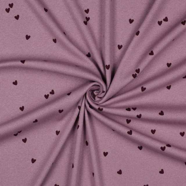 Tissu Jersey Coton côtelé petits coeurs Bordeaux sur fond Mauve