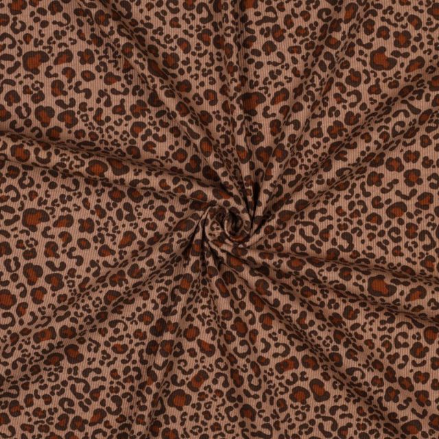 Tissu Jersey Coton côtelé Léopard Noir & Bordeaux sur fond Rose nude