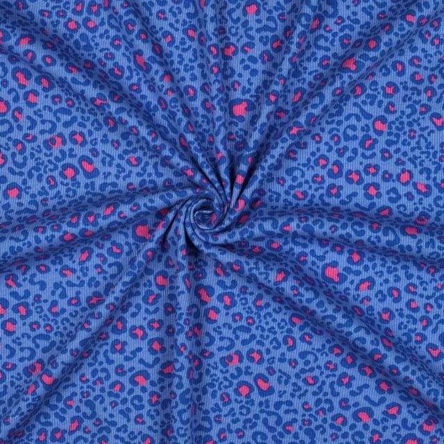 Tissu Jersey Coton côtelé Léopard Bleu nuit & Rose pop sur fond Bleu roi