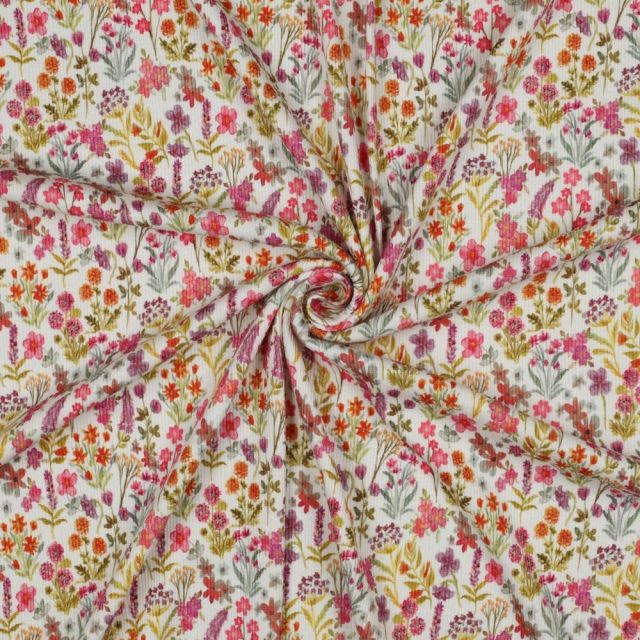Tissu Jersey Coton côtelé digital jardin champêtre sur fond Ecru