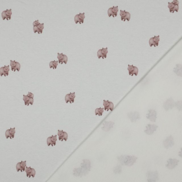 Tissu Jersey Coton côtelé digital Oursons Rose poudré sur fond Ecru