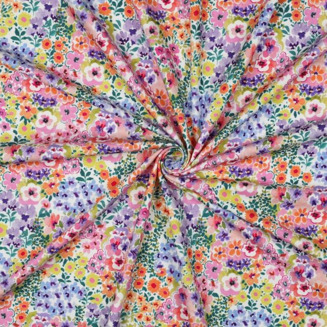 Tissu Jersey Coton imprimé digital Fleurs multicolores pastel sur fond Ecru