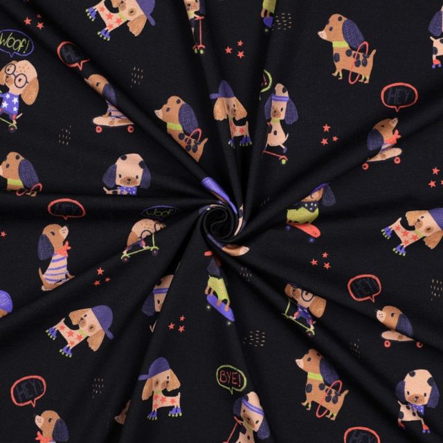 Tissu Jersey Coton imprimé digital Petits Chiens sur fond Noir