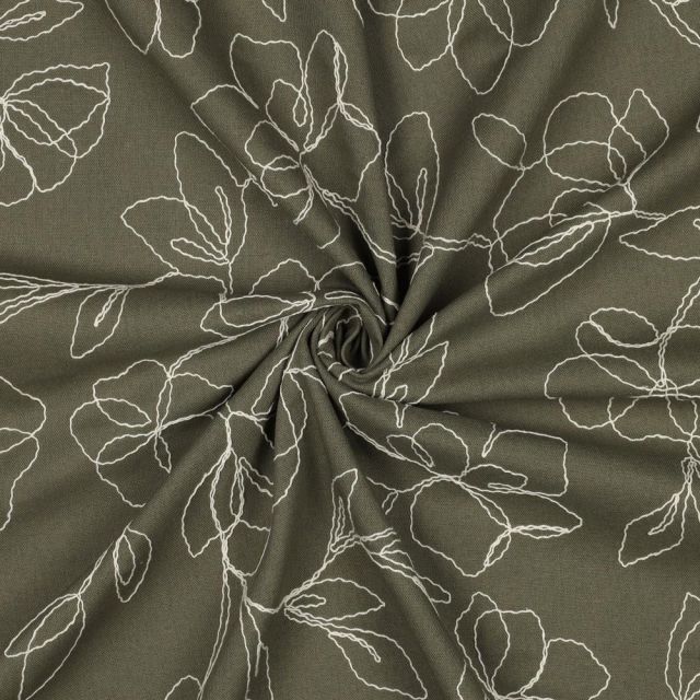 Tissu Lin Viscose Fines fleurs brodées sur fond Vert kaki