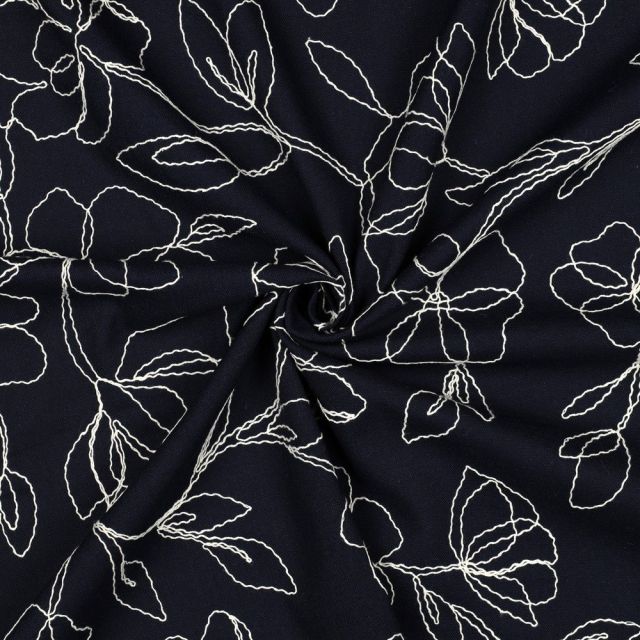 Tissu Lin Viscose Fines fleurs brodées sur fond Noir